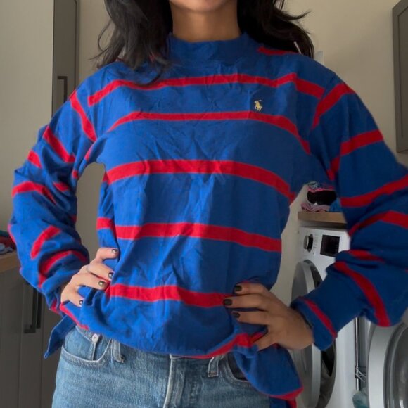 Vintage 80’s Ralph Lauren Crew | Blue w/ Red Stripes | Boys XL (Fits XS-M) - Picture 2 of 8